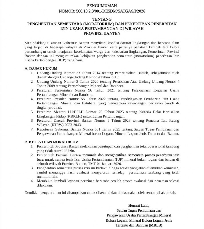 PENGHENTIAN SEMENTARA (MORATORIUM) DAN PENERTIBAN PENERBITAN  IZIN USAHA PERTAMBANGAN DI WILAYAH  PROVINSI BANTEN